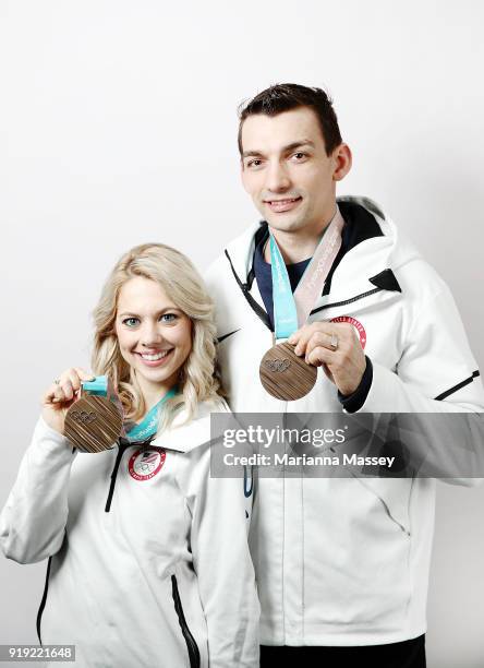 United States figure skaters and husband and wife Alexa Scimeca and Chris Knierim pose with thier bronze metals for the team event on the Today Show...