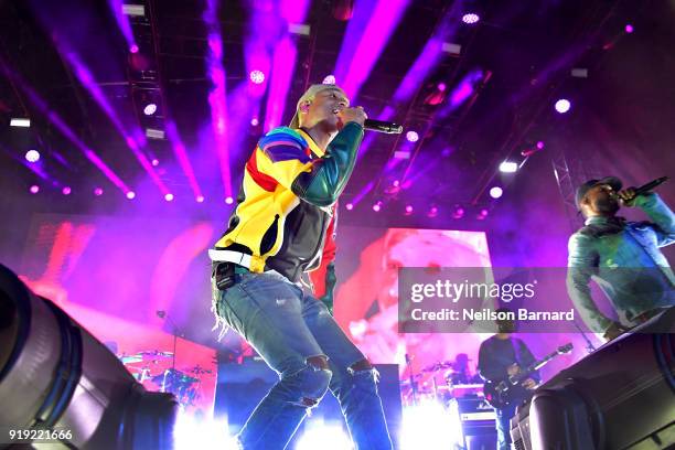 Pharrell Williams of N.E.R.D performs onstage during adidas Creates 747 Warehouse St., an event in basketball culture, on February 16, 2018 in Los...