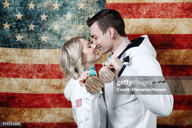 United States figure skaters and husband and wife Alexa Scimeca and Chris Knierim pose with thier bronze metals for the team event on the Today Show...