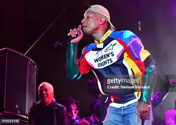 Pharrell Williams of N.E.R.D performs onstage during adidas Creates 747 Warehouse St., an event in basketball culture, on February 16, 2018 in Los...