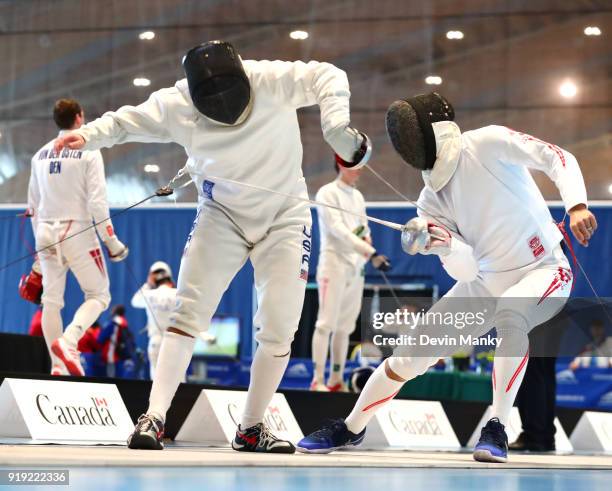 Samuel Koch of the USA fences Keisuke Sakamoto of Japan during competition at the Peter Bakonyi Men's Epee World Cup at the Richmond Olympic Oval on...