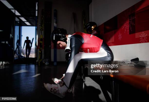 Athletes prepare for the Nordic Combined official training on February 17, 2018 in Pyeongchang-gun, South Korea.