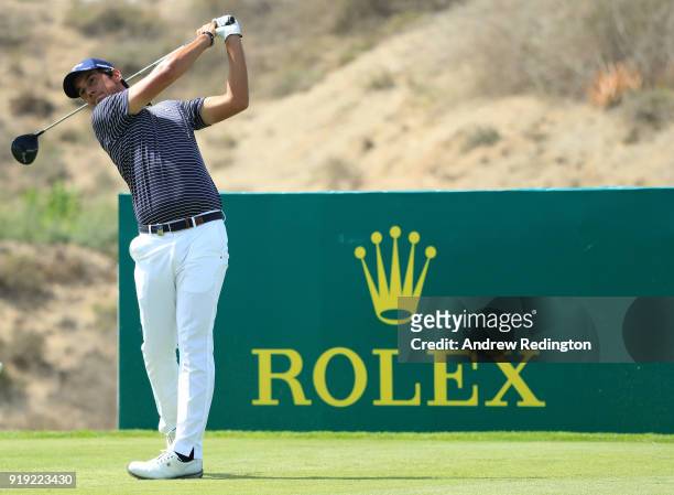 Matteo Manassero of Italy on the 7th tee during the third round of the NBO Oman Open at Al Mouj Golf on February 17, 2018 in Muscat, Oman.