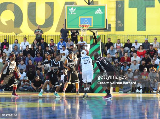 View of the East Vs. West game at adidas Creates 747 Warehouse St., an event in basketball culture, on February 16, 2018 in Los Angeles, California.