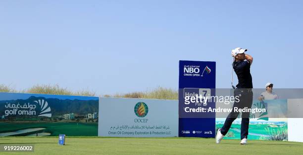 Julien Guerrier of France on the 7th tee during the third round of the NBO Oman Open at Al Mouj Golf on February 17, 2018 in Muscat, Oman.