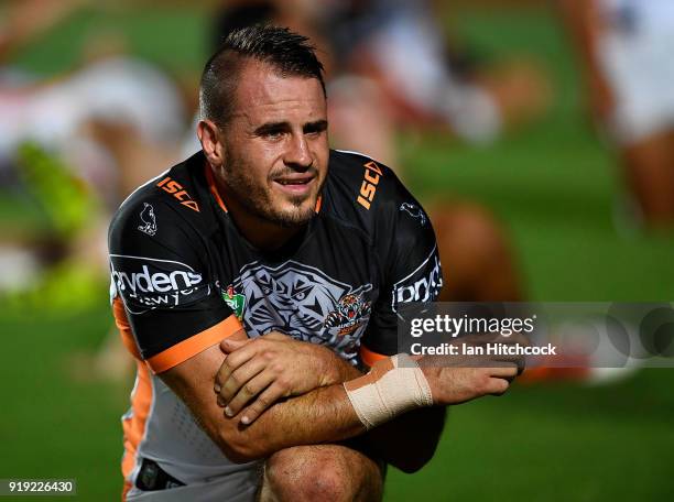 Josh Reynolds of the Tigers looks on during the warm up before the start of the NRL trial match between the North Queensland Cowboys and the Wests...