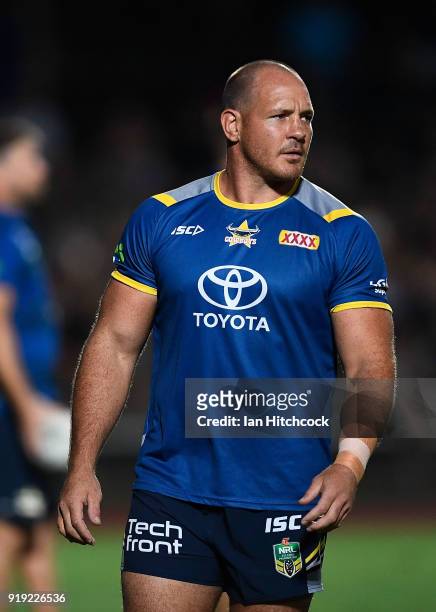 Matt Scott of the Cowboys looks on during the warm up before the start of the NRL trial match between the North Queensland Cowboys and the Wests...
