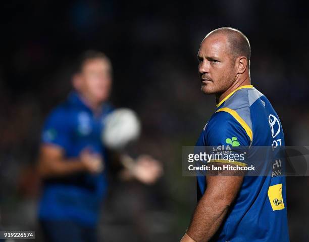 Matt Scott of the Cowboys looks on during the warm up before the start of the NRL trial match between the North Queensland Cowboys and the Wests...