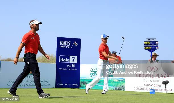 Joost Luiten of the Netherlands and Daan Huizing of the Netherlands on the 7th tee during the third round of the NBO Oman Open at Al Mouj Golf on...