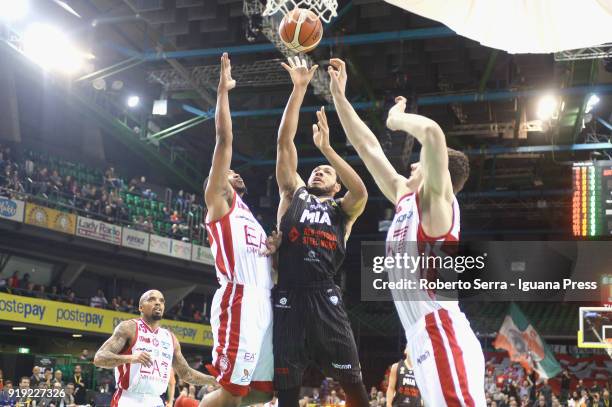 Jeremy Chappell of MIA competes with Jordan Theodore and Andrew Goudelock and Arturas Gudaitis of Armani during the LBA Legabasket of serie A match...