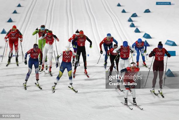 Ingvild Flugstad Oestberg of Norway leads at the start during the Ladies' 4x5km Relay on day eight of the PyeongChang 2018 Winter Olympic Games at...