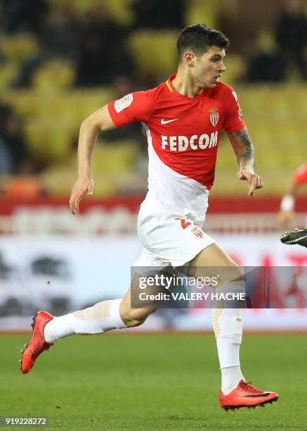 Monaco's Italian forward Pietro Pellegri vies for the ball during the French L1 football match Monaco vs Dijon on February 16, 2018 at the Louis II...