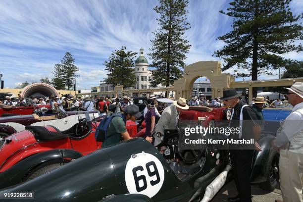 Vintage cars on display during the Art Deco Festival on February 17, 2018 in Napier, New Zealand. The annual five day festival celebrates Napier's...