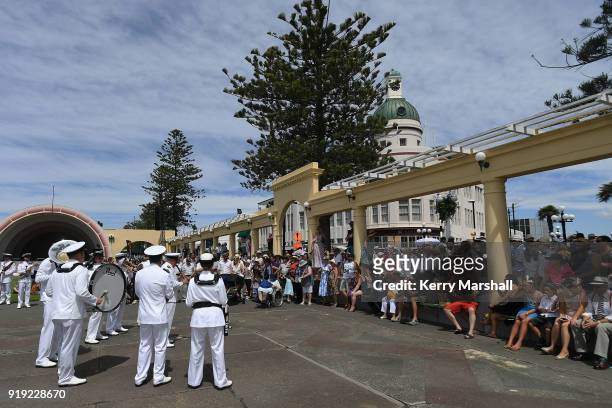 Crowds watch the Royal NZ Navy Band during the Art Deco Festival on February 17, 2018 in Napier, New Zealand. The annual five day festival celebrates...
