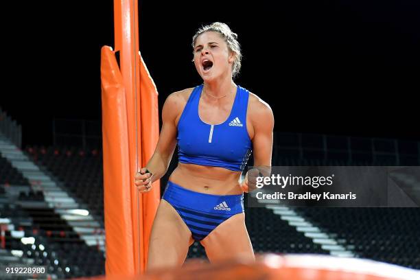 Nina Kennedy celebrates after clearing the bar in the final of the Women's pole vault event during the Australian Athletics Championships &...