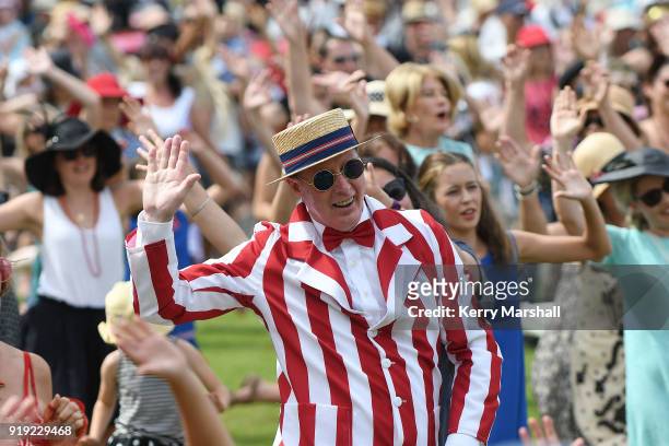 Crowds take part in a vintage dance lesson during the Art Deco Festival on February 17, 2018 in Napier, New Zealand. The annual five day festival...