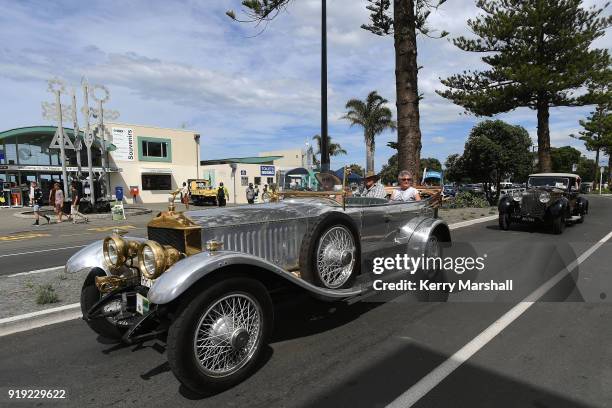 People take rides in a Rolls Royce Silver Ghost during the Art Deco Festival on February 17, 2018 in Napier, New Zealand. The annual five day...