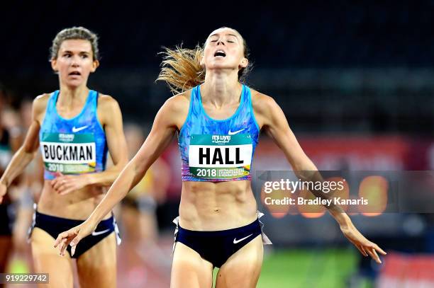 Linden Hall celebrates as she crosses the line to claim victory in the final of the Women's 1500m event during the Australian Athletics Championships...