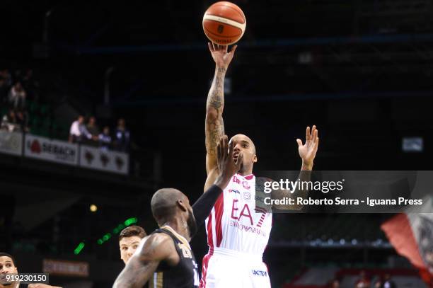 Jordan Theodore of Armani competes with Charles Thomas of MIA during the LBA Legabasket of serie A match quartes final of Coppa Italia between...