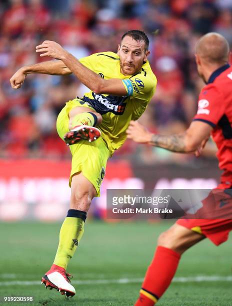 Alan Baro Calabuig of the Mariners shoots for goal during the round 20 A-League match between Adelaide United and the Central Coast Mariners at...