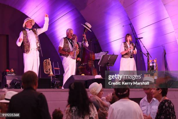 Jazz band plays as the sun sets during the Art Deco Festival on February 17, 2018 in Napier, New Zealand. The annual five day festival celebrates...