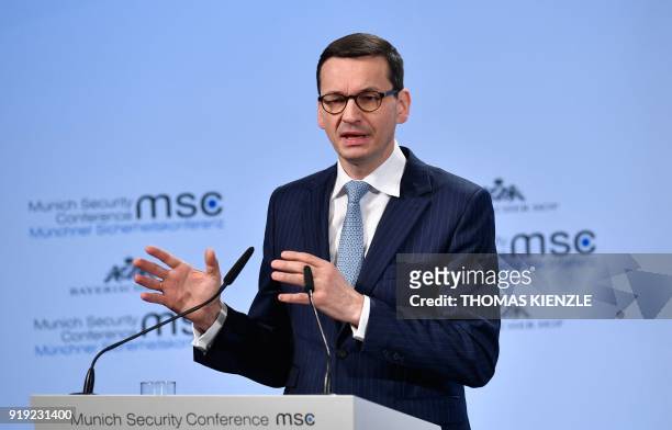 Polish Prime Minister Mateusz Morawiecki gives a speech during the Munich Security Conference on February 17, 2018 in Munich, southern Germany....