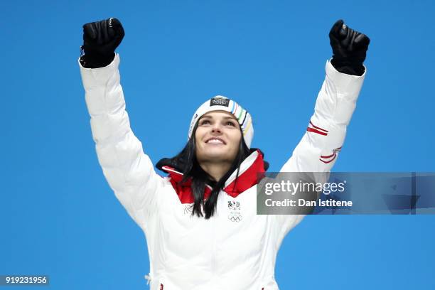 Silver medalist Anna Veith of Austria celebrates during the medal ceremony for the Ladies' Alpine Skiing Super-G on day eight of the PyeongChang 2018...