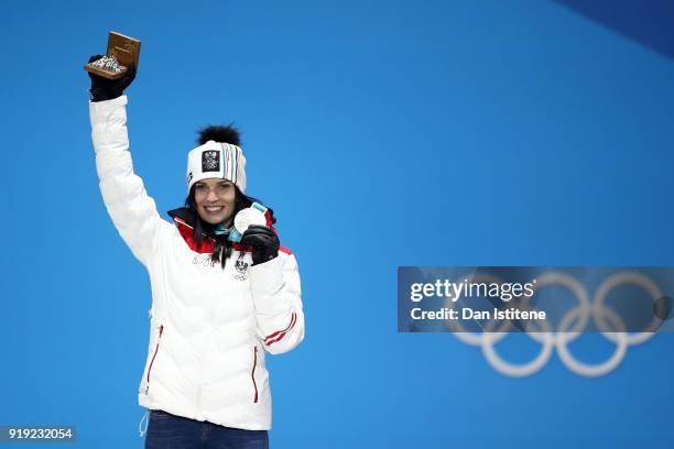 Silver medalist Anna Veith of Austria celebrates during the medal ceremony for the Ladies' Alpine Skiing Super-G on day eight of the PyeongChang 2018...