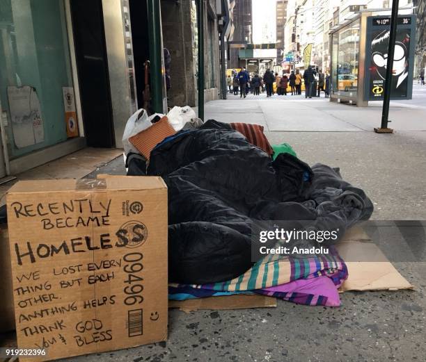 Homeless person with some belongings sleeps on a sidewalk during freezing temperatures at the 5th Avenue in New York, United States on February 16,...