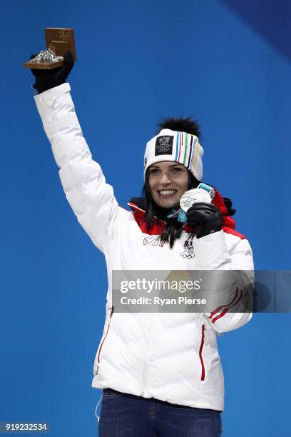 Silver medalist Anna Veith of Austria celebrates during the medal ceremony for the Ladies' Alpine Skiing Super-G on day eight of the PyeongChang 2018...