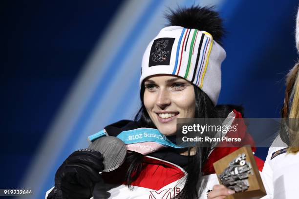 Silver medalist Anna Veith of Austria celebrates during the medal ceremony for the Ladies' Alpine Skiing Super-G on day eight of the PyeongChang 2018...
