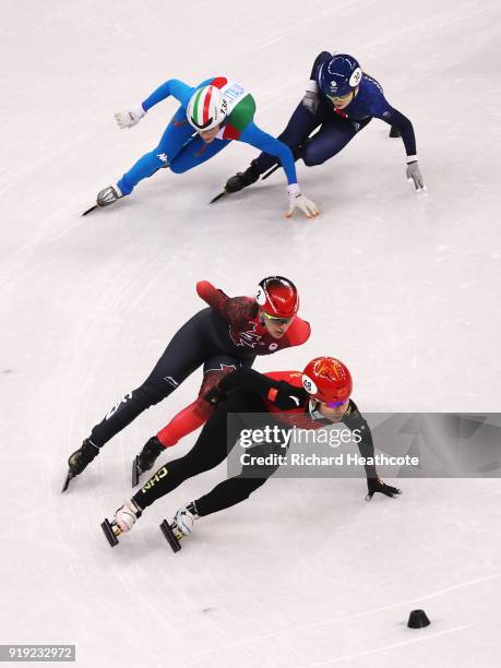 Yutong Han of China, Kathryn Thomson of Great Britain, Marianne St Gelais of Canada, Martina Valcepina of Italy compete during the Short Track Speed...