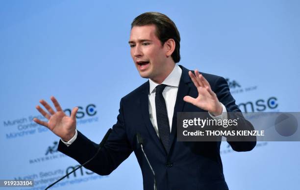 Austrian Chancellor Sebastian Kurz gives a speech during the Munich Security Conference on February 17, 2018 in Munich, southern Germany. Global...
