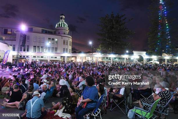 Large crowd waits for the Royal NZ Navy band to perform during the Art Deco Festival on February 17, 2018 in Napier, New Zealand. The annual five day...