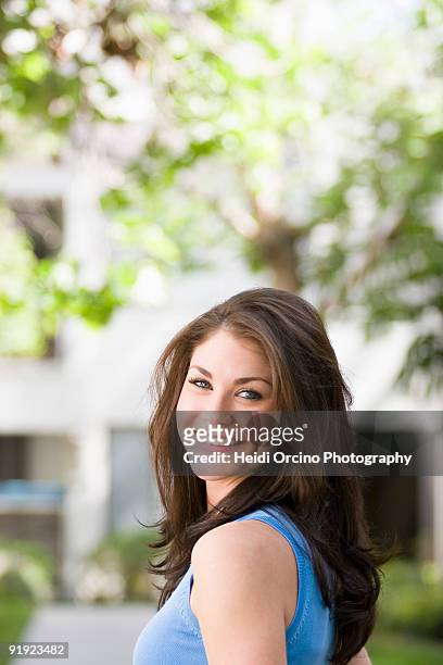 portrait of smiling woman - brown hair blue eyes and dimples stock pictures, royalty-free photos & images