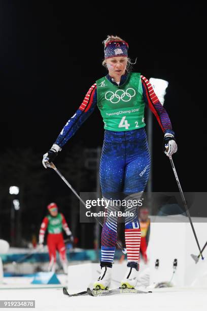 Sadie Bjornsen of the United States reacts during the Ladies' 4x5km Relay on day eight of the PyeongChang 2018 Winter Olympic Games at Alpensia...
