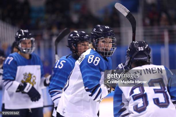 Michelle Karvinen of Finland celebrates a goal against Sweden during the Ice Hockey Women's Play-offs Quarterfinals on day eight of the PyeongChang...