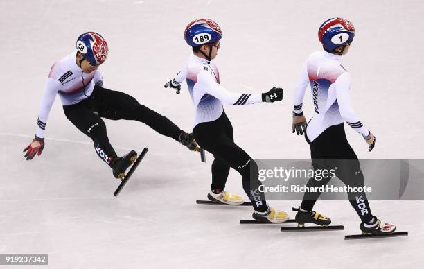 Daeheon Hwang of Korea, Hyojun Lim of Korea and Yira Seo of Korea compete during the Short Track Speed Skating Men's 1000m quarterfinals on day eight...