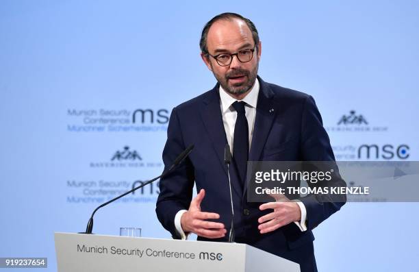 French Prime Minister Edouard Philippe gives a speech during the Munich Security Conference on February 17, 2018 in Munich, southern Germany. Global...