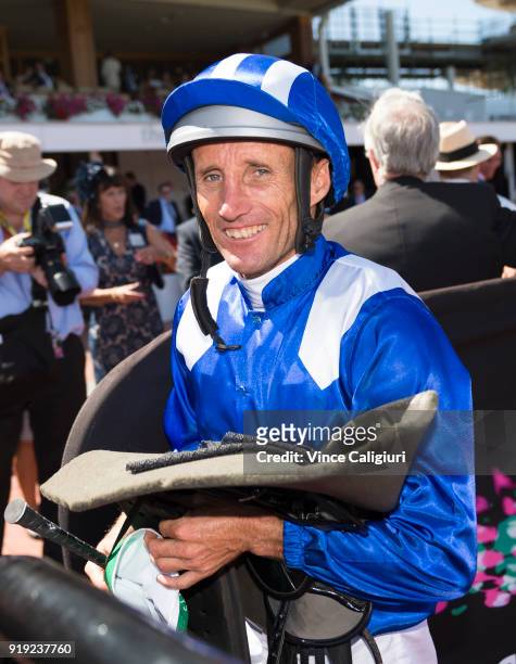 Damien Oliver after riding RimRaam to win Race 6 The TAB Vanity during Melbourne Racing at Flemington Racecourse on February 17, 2018 in Melbourne,...