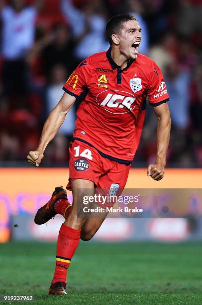 George Blackwood of Adelaide United celebrates scoring the equalizer during the round 20 A-League match between Adelaide United and the Central Coast...