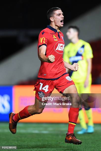 George Blackwood of Adelaide United celebrates his goal to equalise during the round 20 A-League match between Adelaide United and the Central Coast...