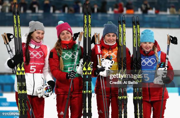 Bronze medalists Natalia Nepryaeva, Yulia Belorukova, Anastasia Sedova and Anna Nechaevskaya of Olympic Athlete from Russia celebrate on the podum...