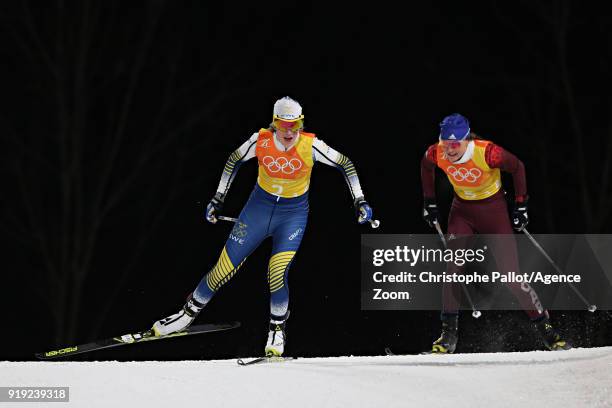 Ebba Andersson, Anastasia Sedova of Russia in action during the Cross-Country Women's Relay at Alpensia Cross-Country Centre on February 17, 2018 in...