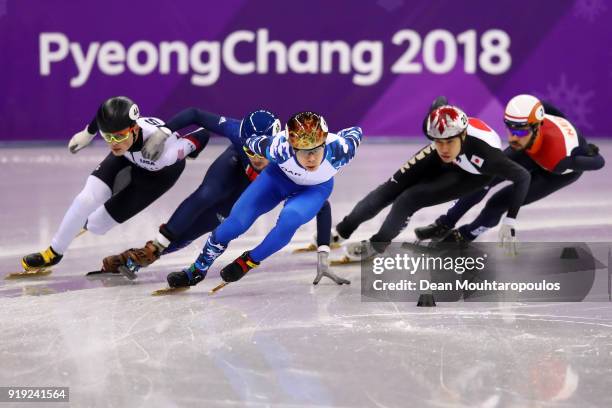 Semen Elistratov of Olympic Athlete from Russia, Sjinkie Knegt of the Netherlands, Ryosuke Sakazume of Japan, John-Henry Krueger of the United...