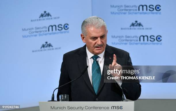 Turkish Prime Minister Binali Yildirim gives a speech during the Munich Security Conference on February 17, 2018 in Munich, southern Germany. Global...