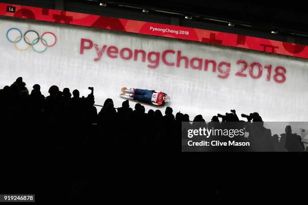 Katie Uhlaender of the United States slides during the Women's Skeleton heat three on day eight of the PyeongChang 2018 Winter Olympic Games at...