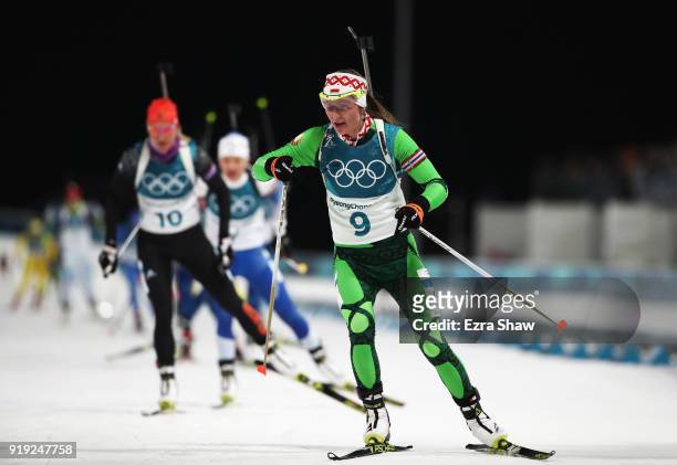 Darya Domracheva of Belarus competes during the Women's 12.5km Mass Start Biathlon on day eight of the PyeongChang 2018 Winter Olympic Games at...
