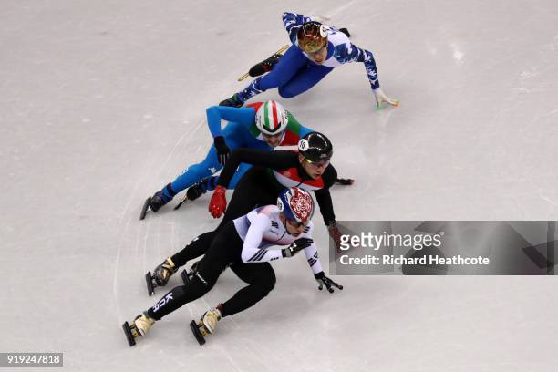 Hyojun Lim of Korea, Shaolin Sandor Liu of Hungary, Yuri Confortola of Italy and Semen Elistratov of Olympic Athlete from Russia compete during the...