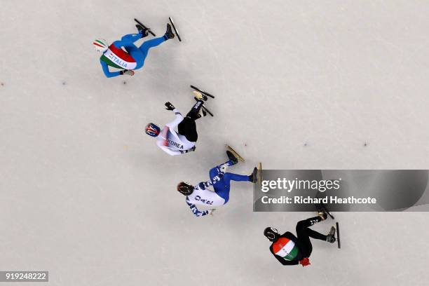 Hyojun Lim of Korea, Shaolin Sandor Liu of Hungary, Yuri Confortola of Italy and Semen Elistratov of Olympic Athlete from Russia compete during the...